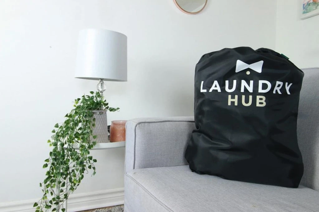 A black laundry bag with "Laundry Hub" written on it, placed next to a gray sofa and a hanging plant in a room with a white lamp.
