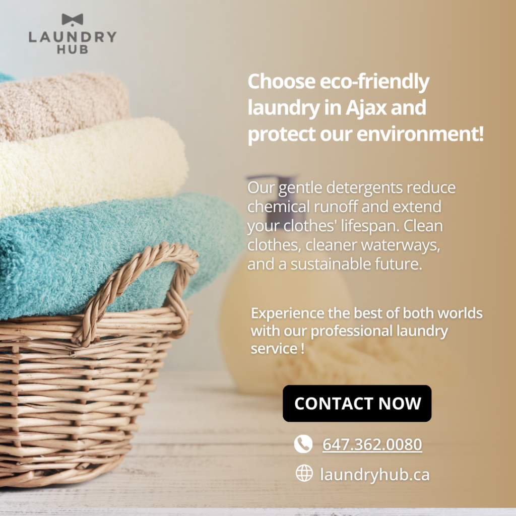 A wicker basket filled with folded towels showcases our eco-friendly professional laundry service in Ajax. We highlight reduced chemical runoff and extended clothes' lifespan. Contact us for more details.