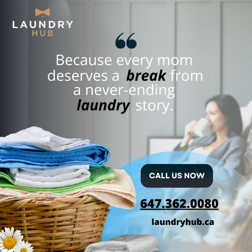 Ad for Laundry Hub showcasing a basket of perfectly folded laundry in the foreground, while a woman relaxes on a couch in the background. Discover the freedom of using our professional laundry service. Contact info provided for your well-deserved break from laundry.