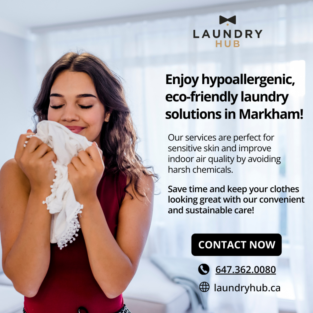 A woman holds a cloth, smiling with closed eyes. Discover top eco-friendly laundry services in Markham, offering hypoallergenic solutions. For inquiries, visit our website or call us today.