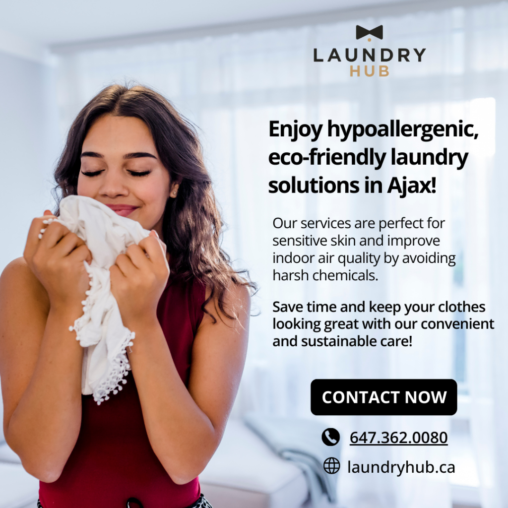 Woman enjoying fresh laundry with a promotional banner for Laundry Hub, offering Green Laundry Solutions and hypoallergenic, eco-friendly services in Ajax. Contact details and website included.